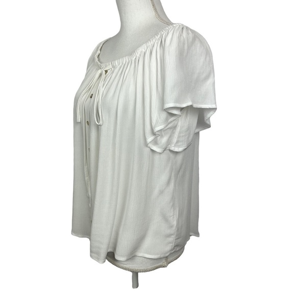 NWT EXPRESS Women’s Pullover Top Sz Medium Boho Peasant White Crinkle Flowy - Picture 3 of 12